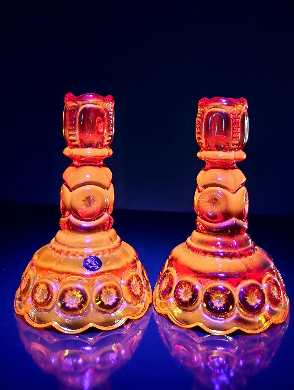 (2) L.E. Smith 6 1/4" Moon and Stars Amberina Cadmium Candlestick Holders GLOWS